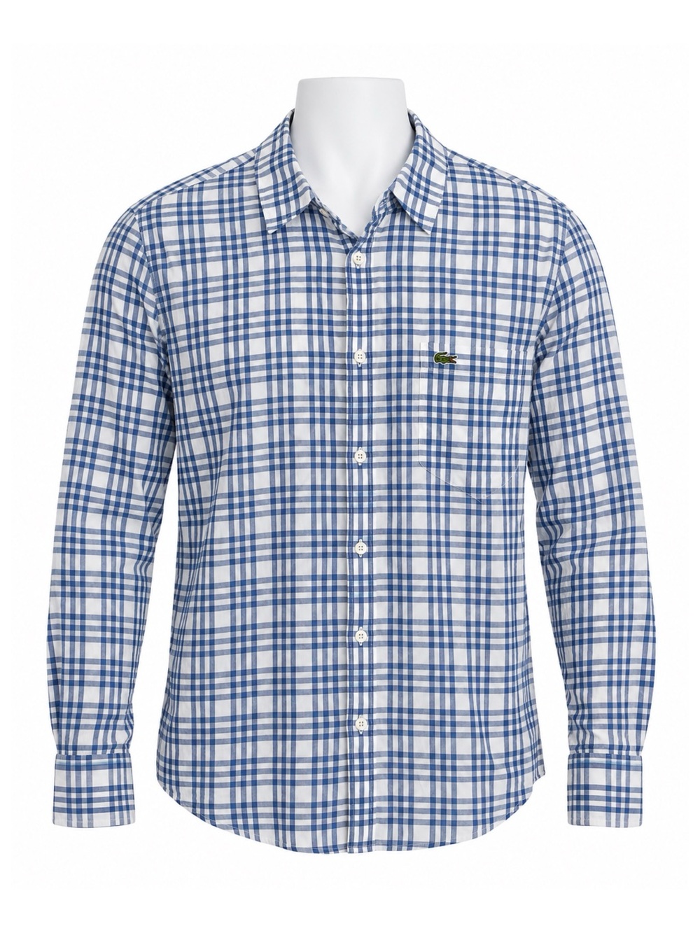 Size L/XL Lacoste Men’s Regular Fit Plaid Long Sleeve Button-Up Shirt Blue White
